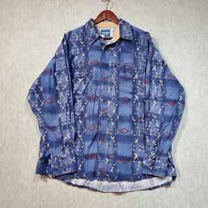 Wrangler Shirt Men Blue Aztec Print Cowboy Western Collar Pearl Snap Button Down